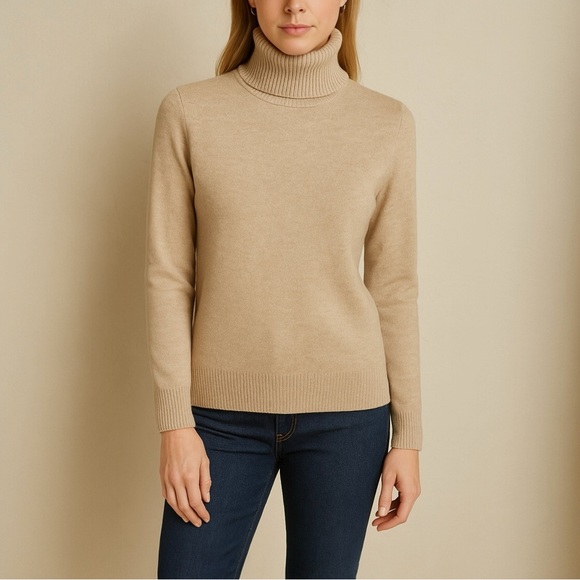 Lands’ End 100% Cashmere Turtleneck Sweater Beige Camel Tan Women’s Size Small - Picture 1 of 14